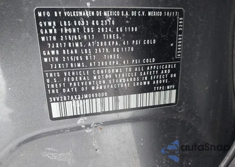 2018 Volkswagen Tiguan 2.0T Se/2.0T Sel z USA, uszkodzony, nr VIN 3VV2B7AX3JM069000